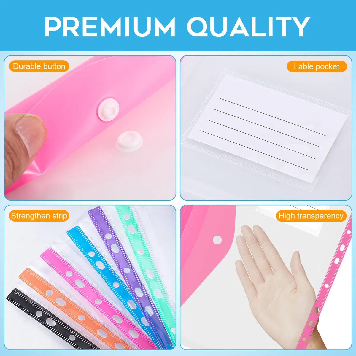 24pcs Cartelline Portadocumenti A4, Buste in Plastica A4 Perforate, Espandibili Cartella, Trasparente Porta Documenti con Bottoni a Pressione ed Etichetta, per Scuole, Case e Ufficio, 6 Colori