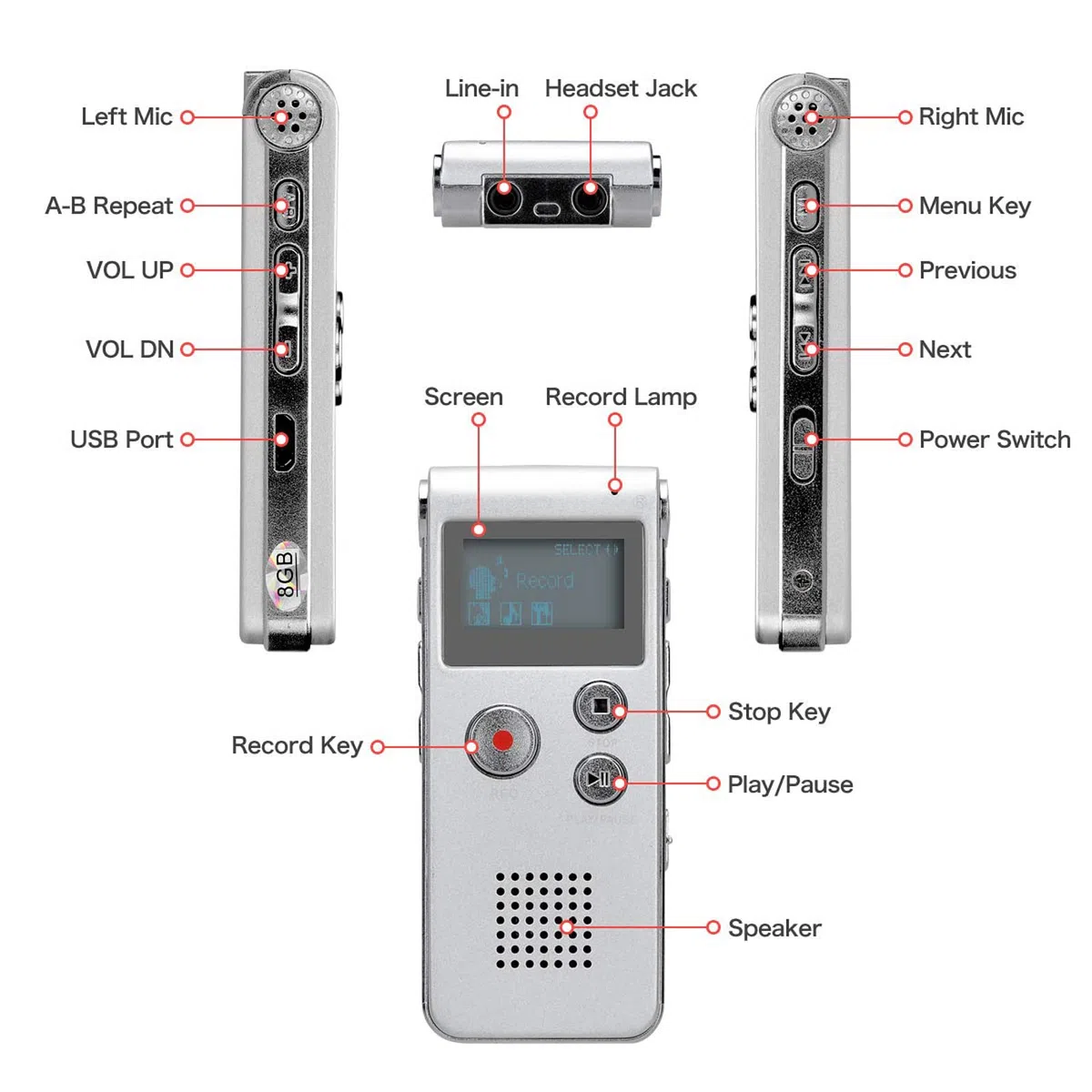 Lychee Professionale Registratore Vocale Digitale Portatile, 1536kbps,8 GB Multifunzionale USB Digital Audio Voice Recorder con Lettore MP3 (Argento)