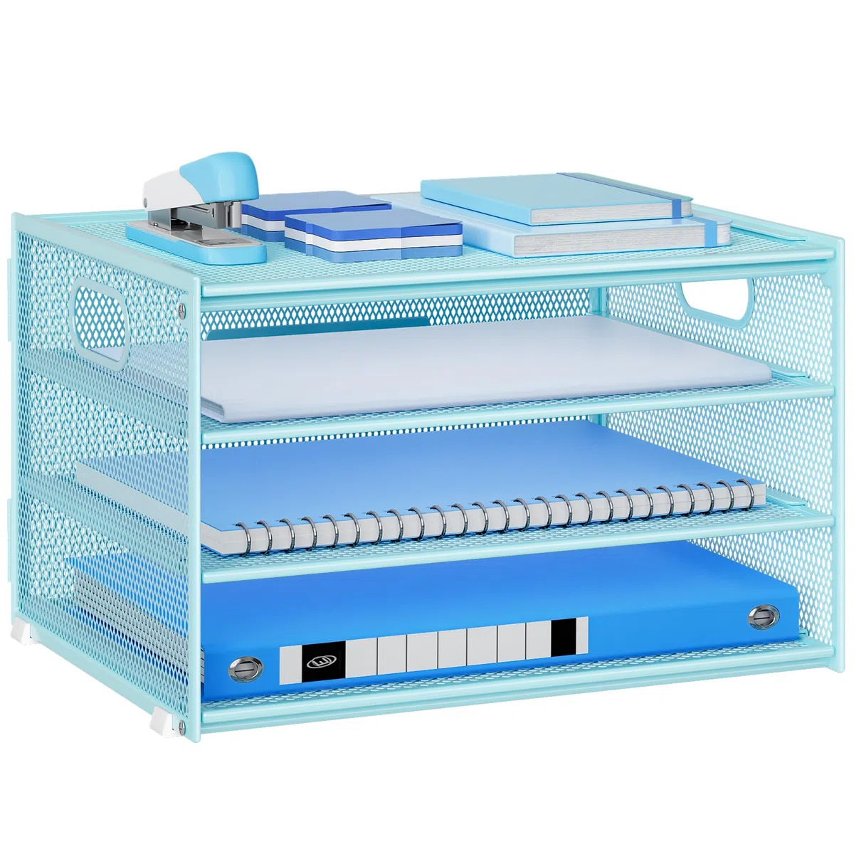 Marbrasse Organizer Scrivania in Rete Metal,4-Livelli Porta Documenti Rete con Maniglia,Vassoio Multifunzionale Organizzatore per Carta Lettere,per Ufficio Casa(Blu)
