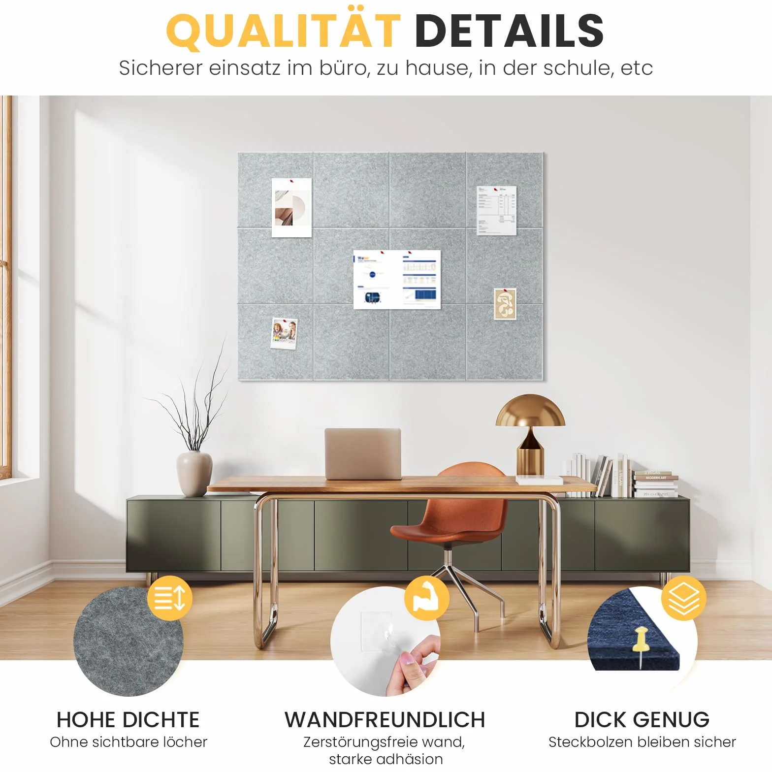 Bacheca autoadesiva in feltro, 90 x 60 cm, confezione da 6 bacheche in sughero, alternativa per parete, bacheca decorativa per foto, bacheca con 30 puntine per ufficio, cucina, scuola (grigio chiaro)