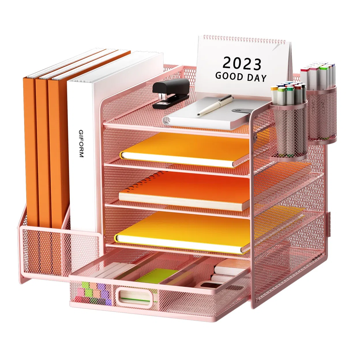 Organizzatore da Scrivania con Portadocumenti, Vassoio per Carta a 5 Ripiani con Cassetto e 2 Portapenne, Organizzatore da Scrivania in Rete con Porta Riviste per Articoli per Ufficio e Casa
