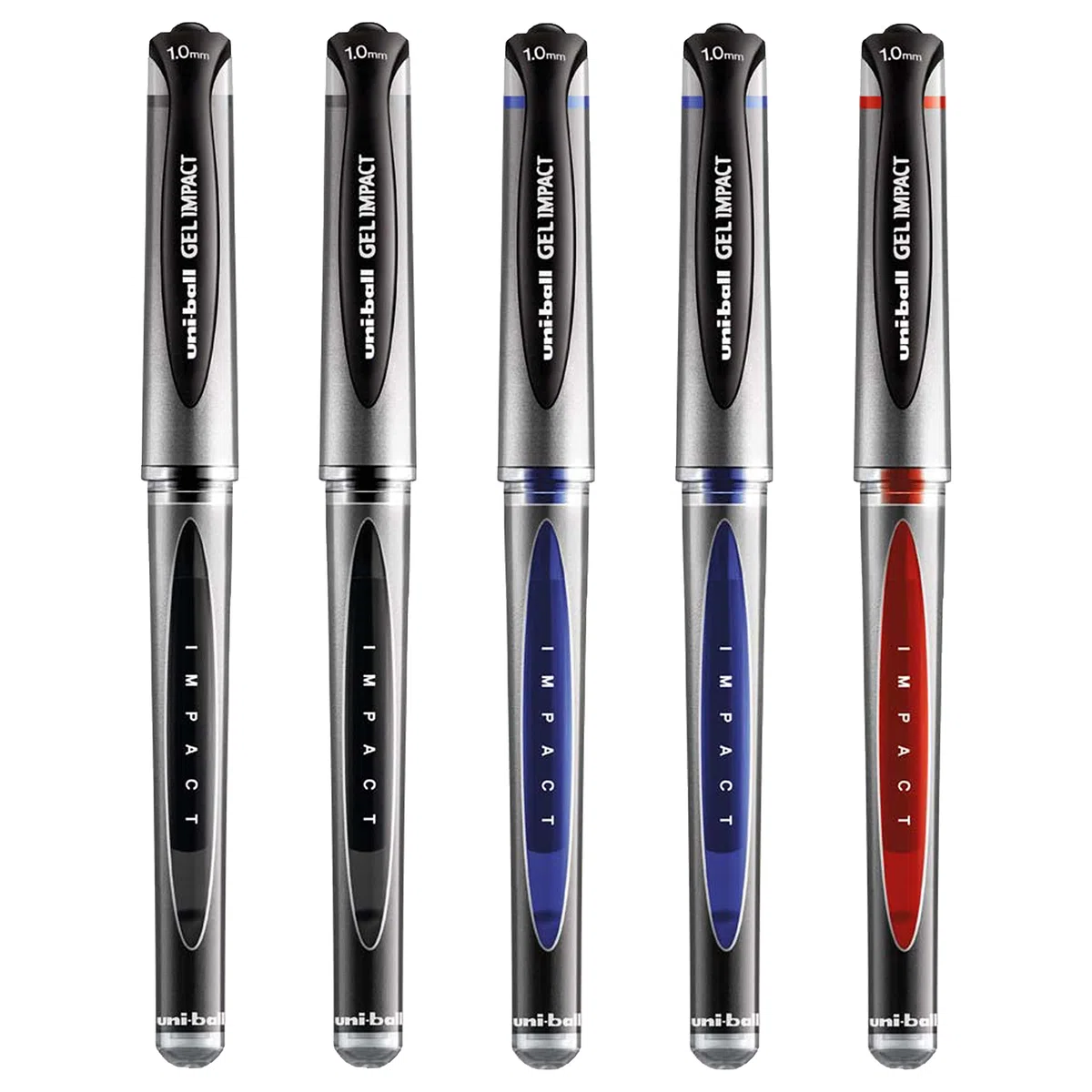 Uni-Ball Gel Impact - Penne a sfera a sfera, punta larga da 1 mm, nero, blu e rosso, confezione da 5
