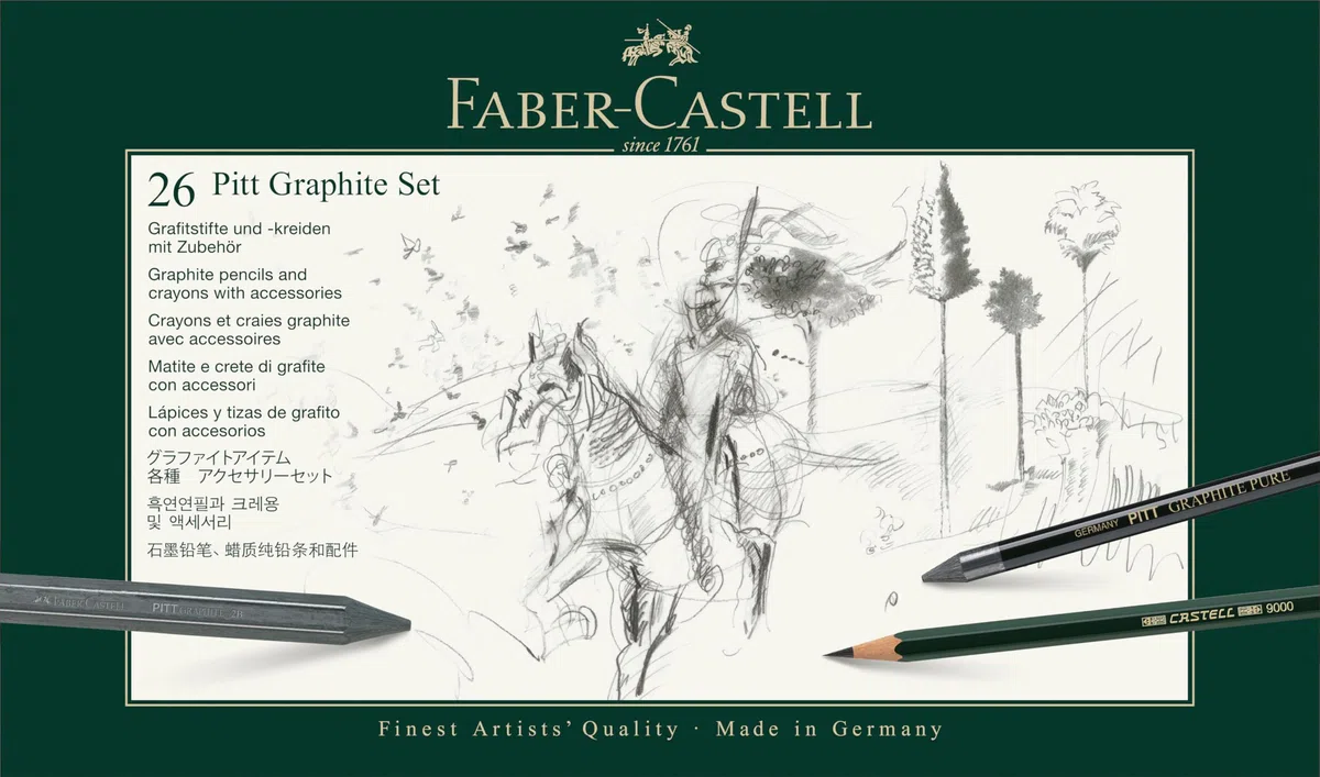 FABER-CASTELL 112974 - Pitt Graphite Set Set di disegni 26 pezzi, set professionale di matite e grafite con Castell 9000, grafite acquerellabile, gessetti e accessori