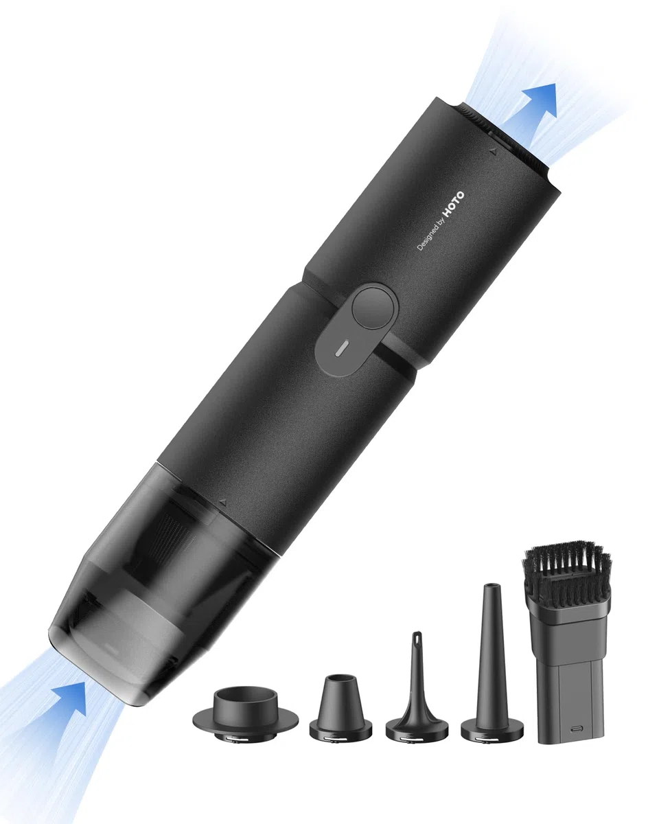 HOTO Aspirabriciole Senza Fili 15000pa, 4 in 1 Mini Aspirapolvere, Aspirazione, Soffiaggio, Gonfiaggio, Sigillamento Sottovuoto, Brushless, per Veicoli/Scrivanie/Tastiere/Macchine da Caffè Ecc