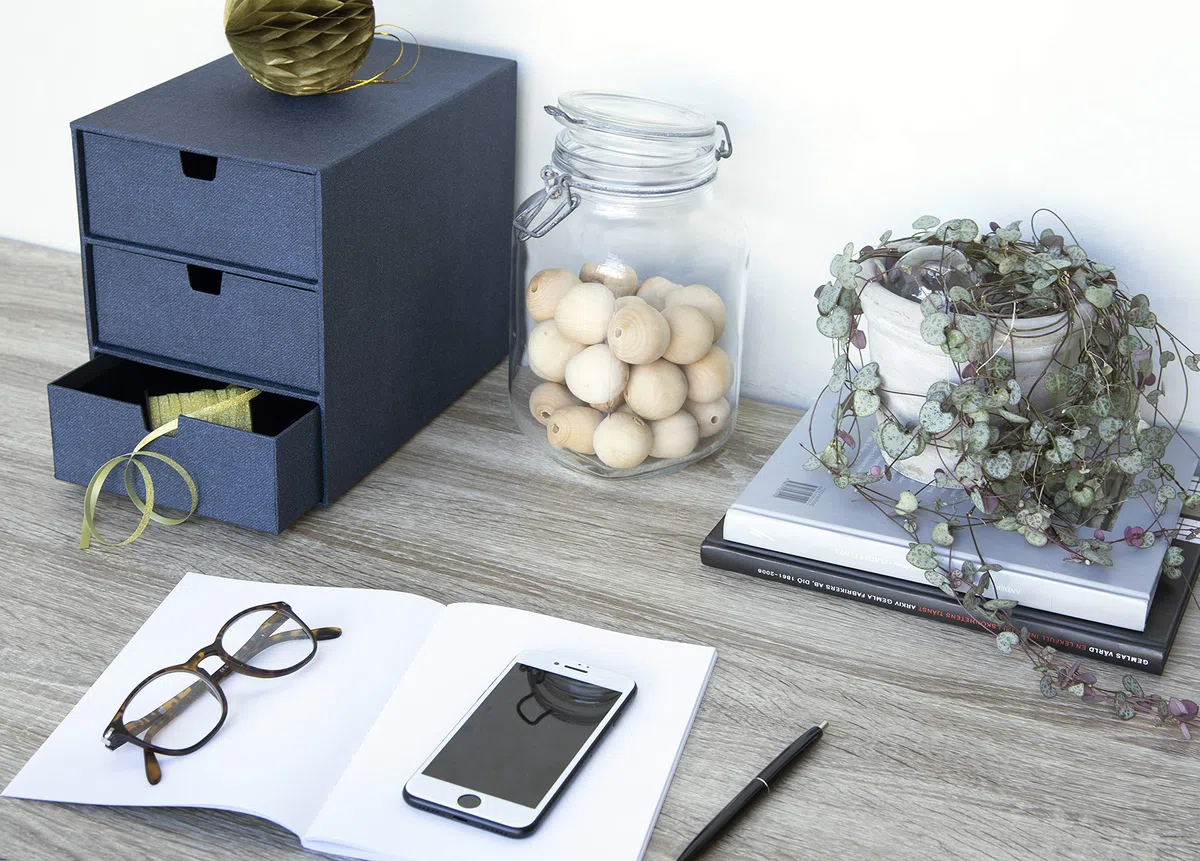 Bigso Ingrid - Organizer da scrivania in tela con 3 cassetti, 20,6 x 16 x 25 cm, colore: Blu