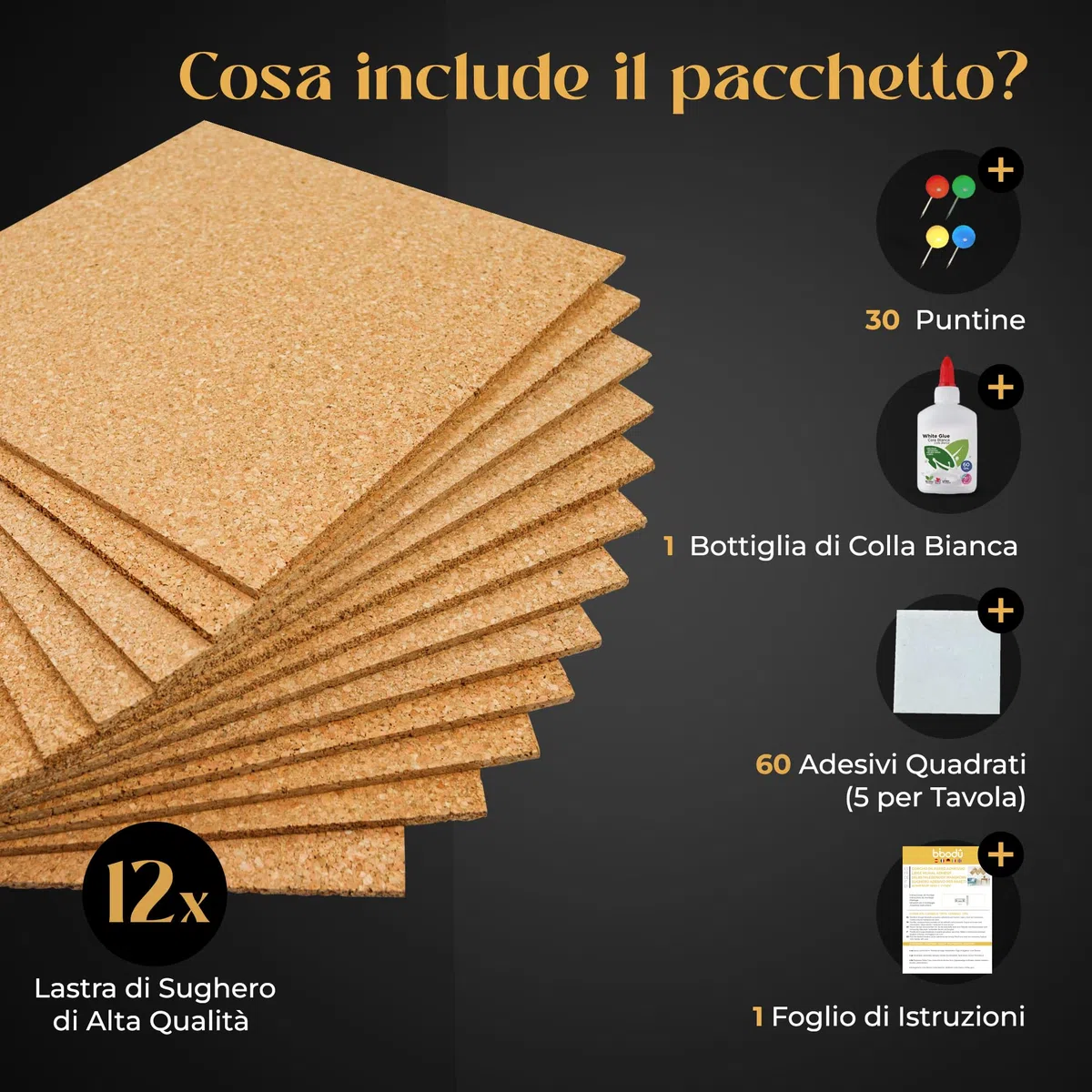 BIBODÚ Sughero Pannelli Muro Adesivo (12 UNITÁ) 30cm x 30cm & 6mm Spessore | Bacheca In Sughero | Include 30 Puntine Per Lavagna Sughero | Pannelli Sughero per Pared - Oficina - Lavagna in Sughero