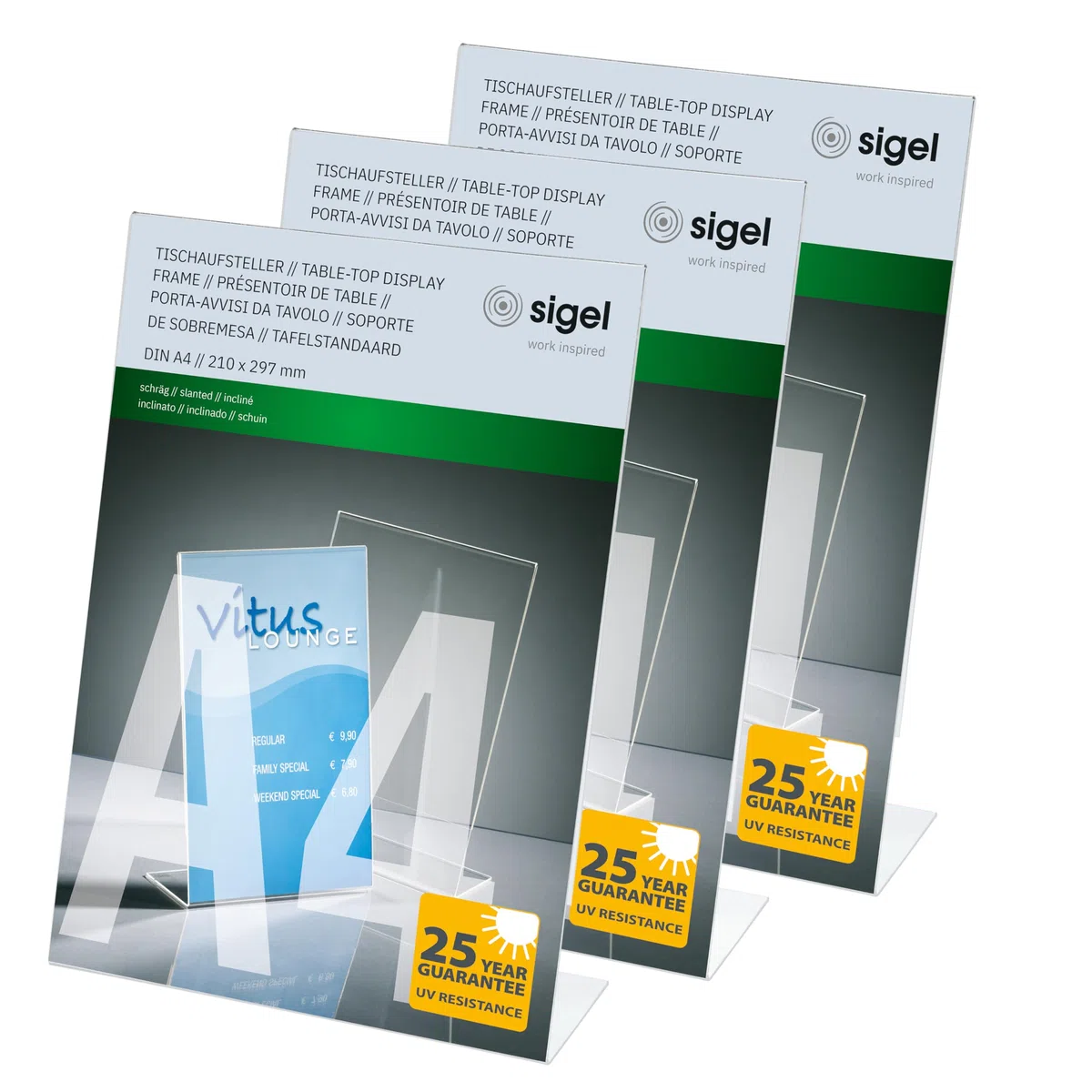 SIGEL SY450 Espositore da tavolo inclinato, 30,2x21,3x7,8 cm, per A4 verticale,, per bancone, ristorazione, ufficio, matrimonio, etc, resistente ai raggi UV, acrilico, trasparente, 3 pezzi