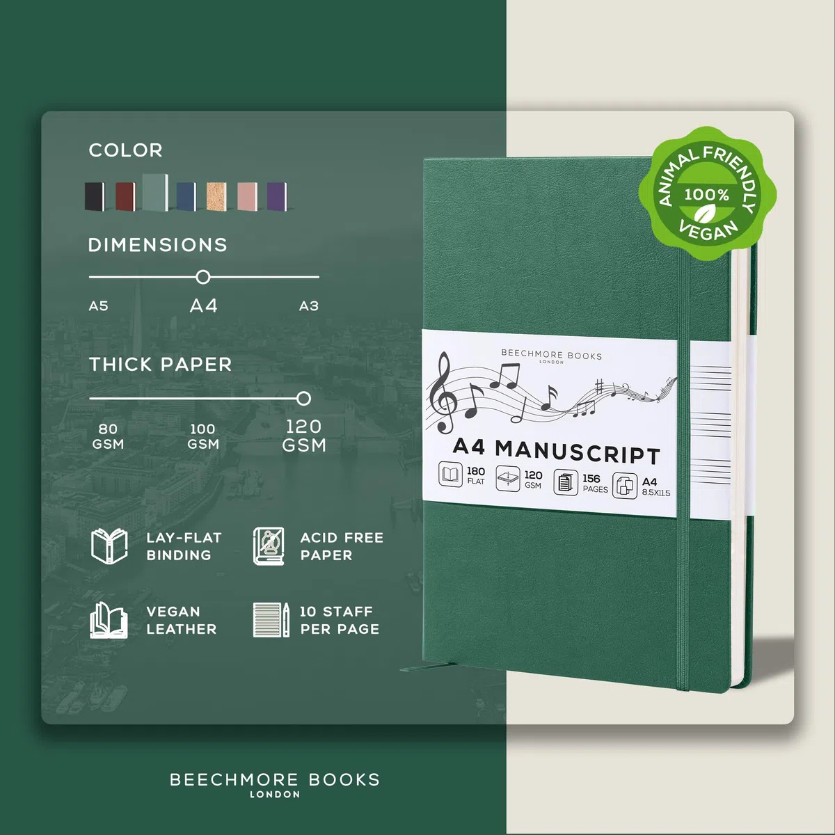 Beechmore Books Quaderno musica A4 (21,6 x 29 cm) – 156 pagine, 120 g/m² | Copertina rigida similpelle, righe musicali perforate, apertura piatta, confezione regalo per musicisti e studenti