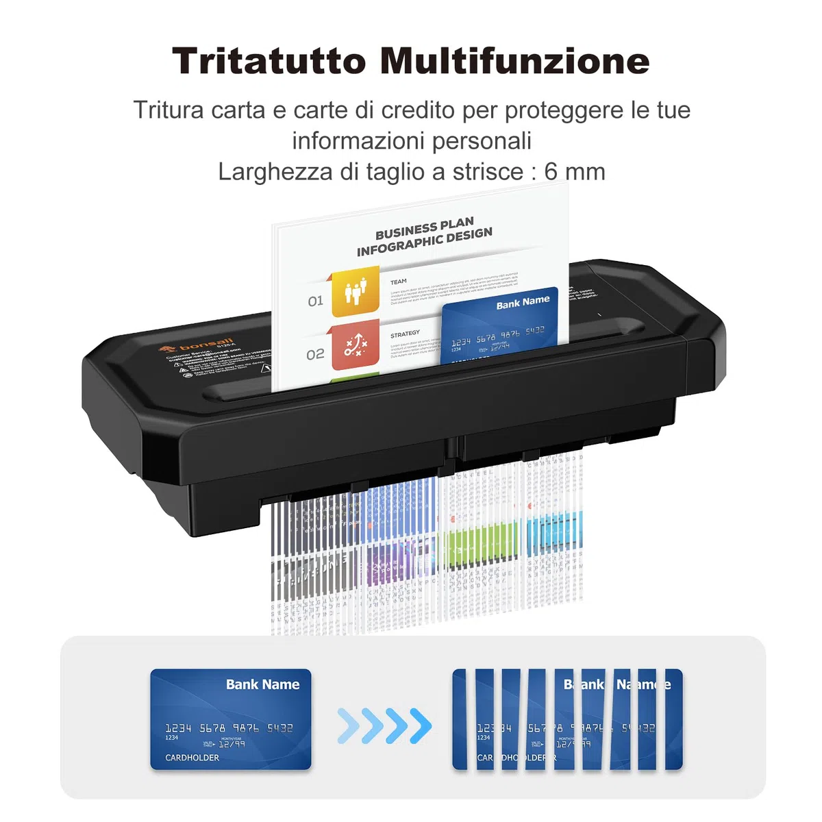 Bonsaii Tritadocumenti da 6 fogli, compatto per ufficio domestico; tritura carte di credito a strisce, P-2, design portatile con manico estendibile, S125-A
