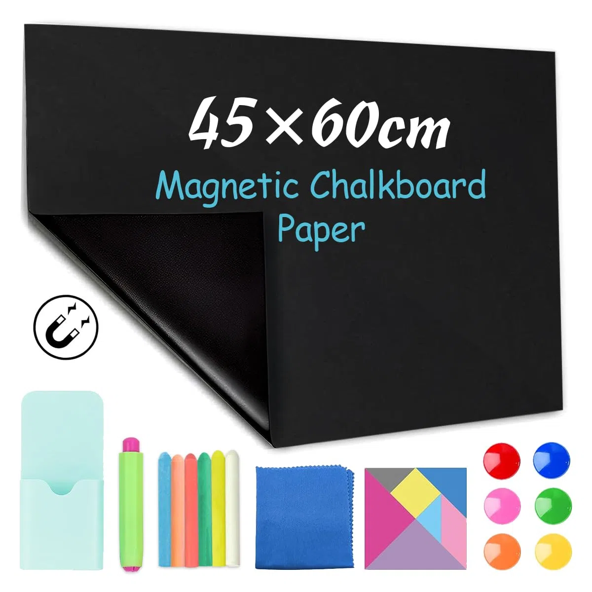 Foglio di Lavagna Nero Adesivo, 45 x 60 cm, pellicola autoadesiva per lavagna, lavagna cancellabile, 6 gessi senza polvere, 6 magneti, panno, tangram, supporto per gessi, supporto magnetico per