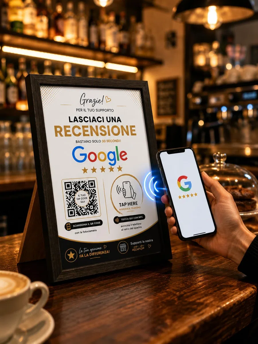 Targa Recensioni Google NFC + QR Code Personalizzata con Cornice 13x18cm | Google Review Stand per Bar Ristoranti Pizzerie Hotel Negozi | Accesso Diretto alle Recensioni
