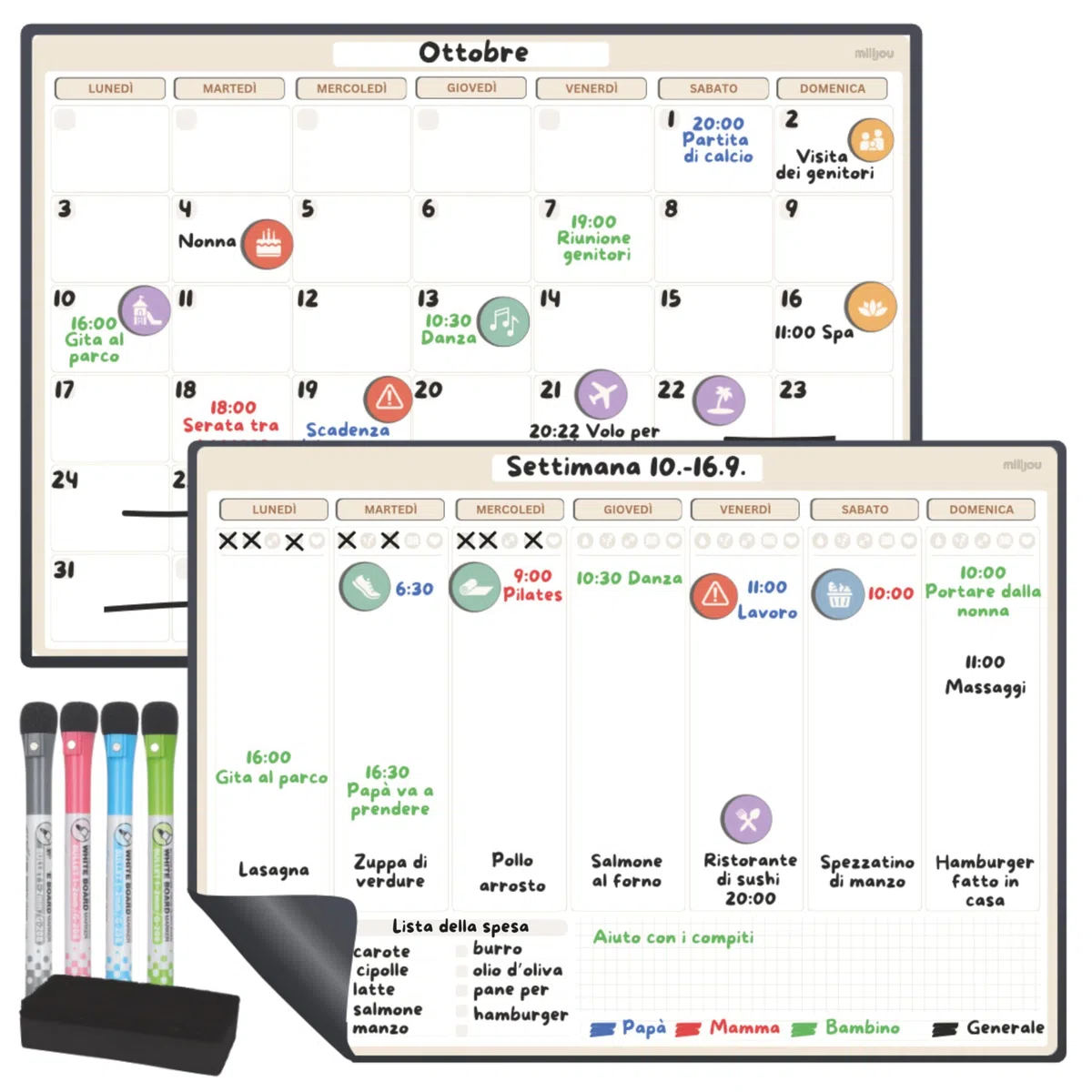Calendario Magnetico da Frigorifero Formato A3 – Planner Mensile e Settimanale Cancellabile – 42 Adesivi per Eventi, 4 Pennarelli, 1 Gomma – Lavagna Magnetica – Tracker del Benessere