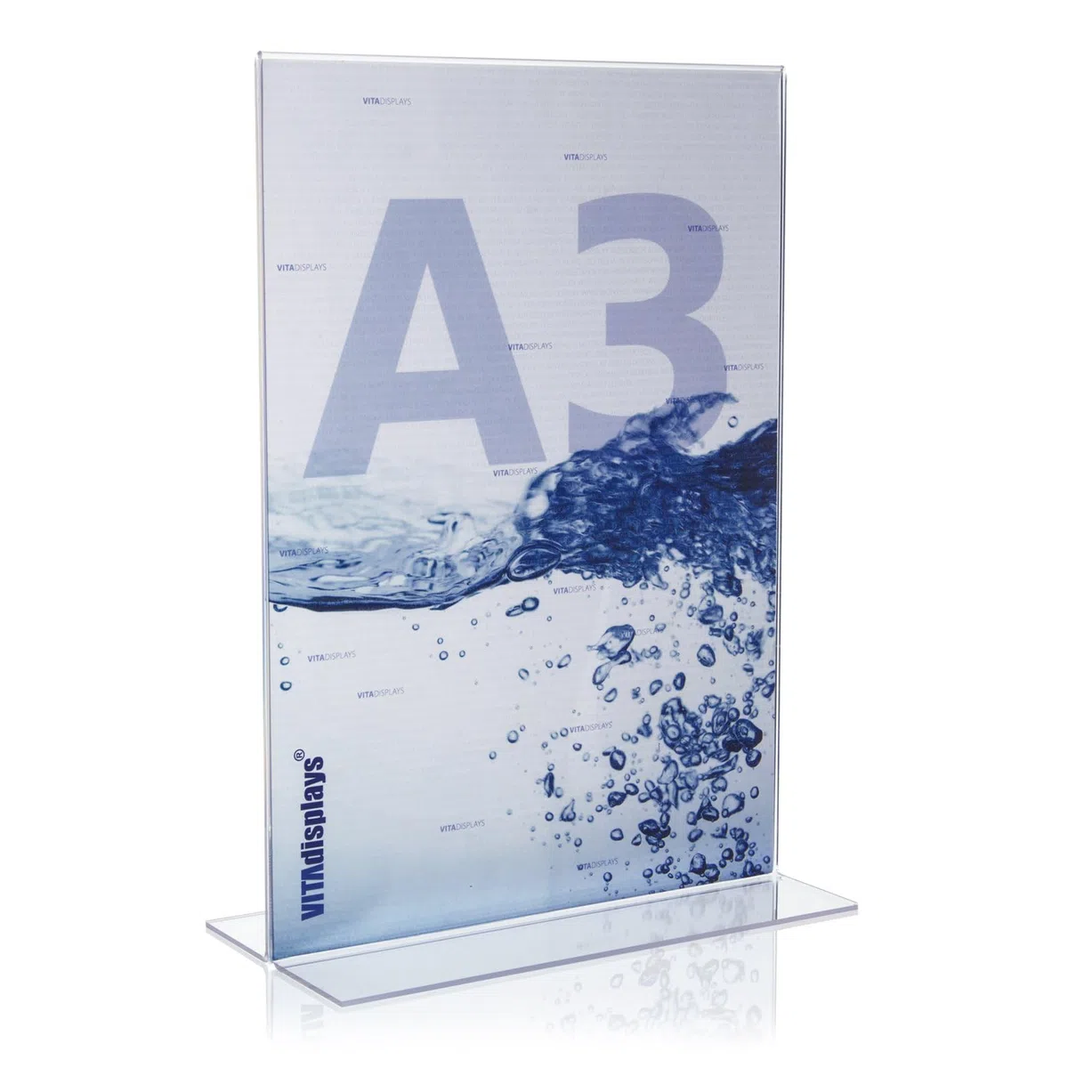 VITAdisplays Espositore pubblicitario in PLEXIGLAS originale, formato DIN A3, cavalletto a T in vetro acrilico trasparente, con garanzia antiingiallimento di 30 anni