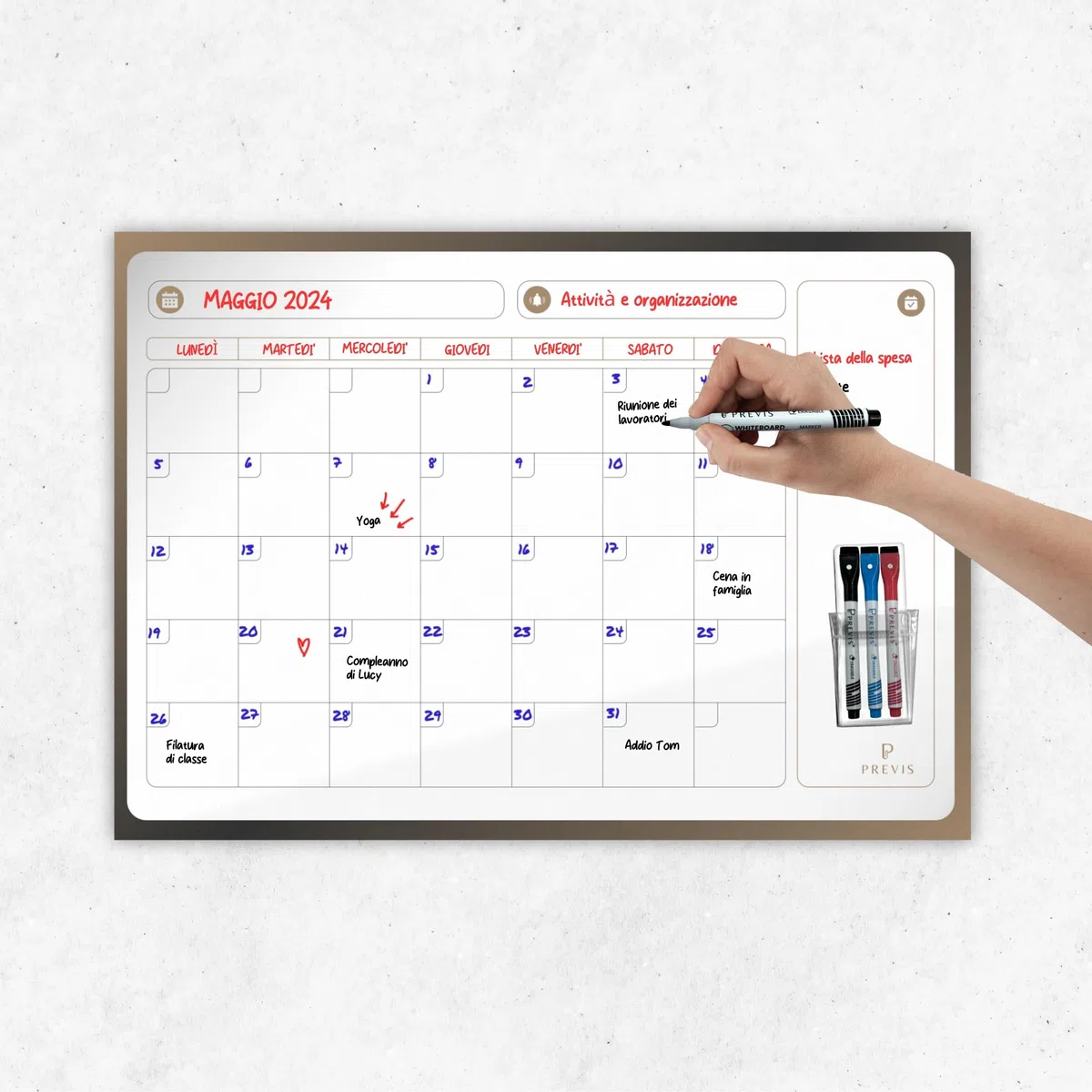 PREVIS Lavagna Calendario Magnetico da Muro Cancellabile Mensile e Settimanale 60x40CM - Planner Lavagna Magnetica da Parete con 3 Pennarelli -Adesivo che non Danneggia il Muro