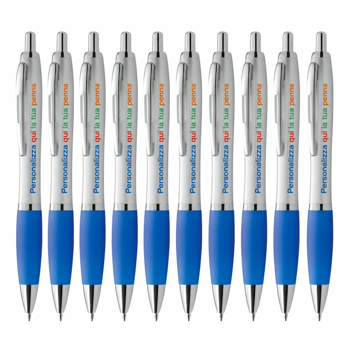 Penna Personalizzata con Nome, Logo o Testo | Stampa a Colori su Penna a Sfera con Impugnatura Soft Touch | Gadget Aziendale Personalizzato per Eventi, Fiere e Regali (25, Blu)