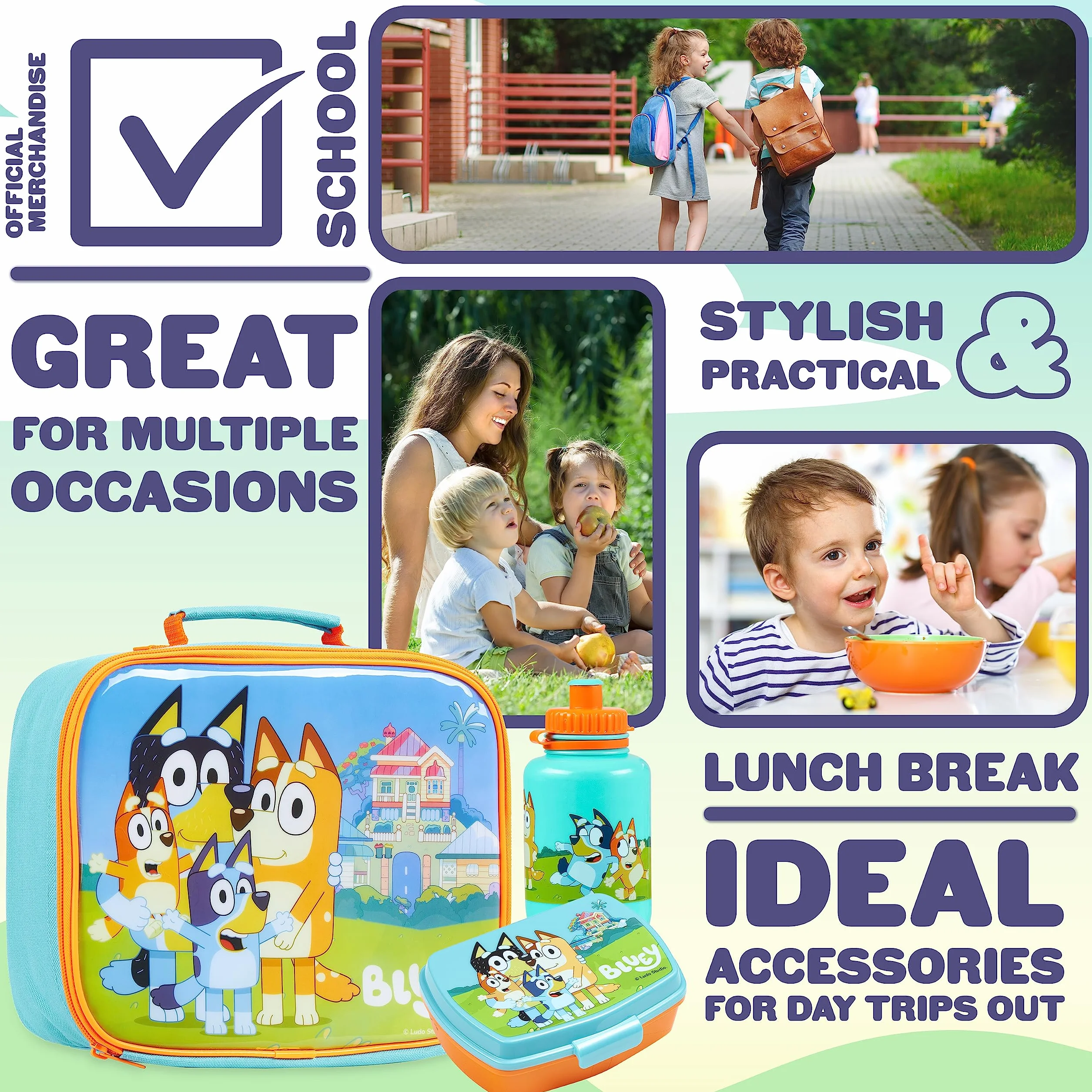BlueY Borsa Termica Porta Pranzo - Set con Porta Merenda Bambini Scuola Materna Lunch Box e Borraccia 430 ml senza BPA Idea Regalo Bambini e Bambine