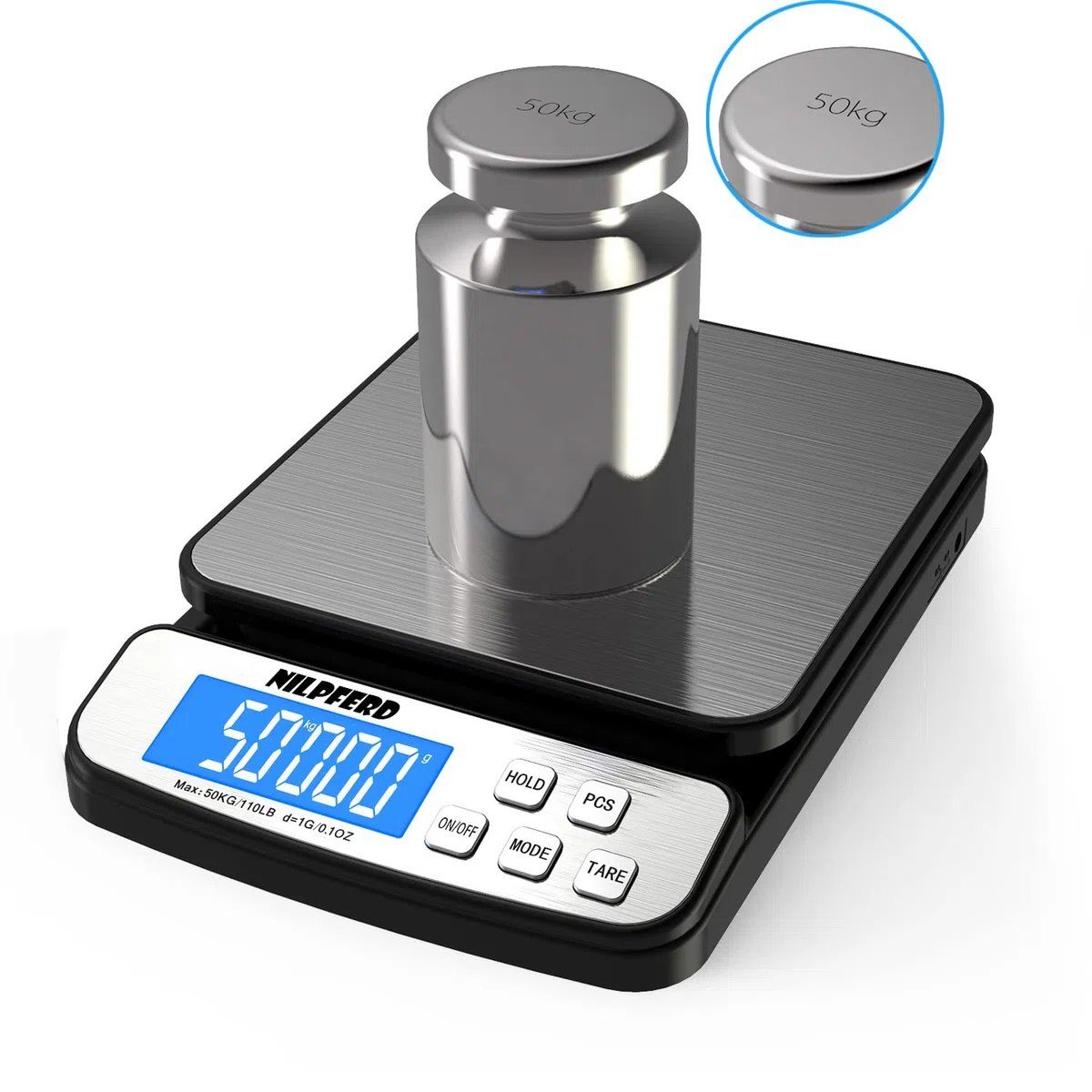 Nilpferd Bilancia digitale per pacchi fino a 50 kg, bilancia postale, bilancia da lettere, bilancia per tutti gli scopi (casa, ufficio, precisione grammatica, batterie incluse (argento)