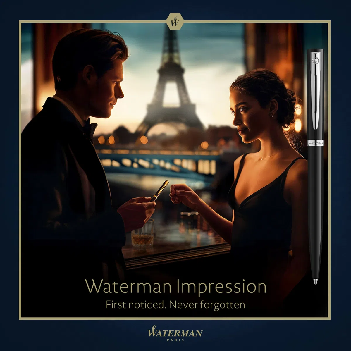 Waterman Impression Penna a sfera | Punta media con ricarica inchiostro blu | Lacca nera con finiture placcate in palladio | Confezione regalo
