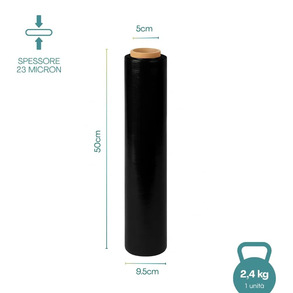 Pellicola 6 Rotoli Film Estensibile Nero Manuale, Spessore 23mycron, Bobina di Estensibile per Imballaggio, peso 2,4kg, di Altezza 500mm
