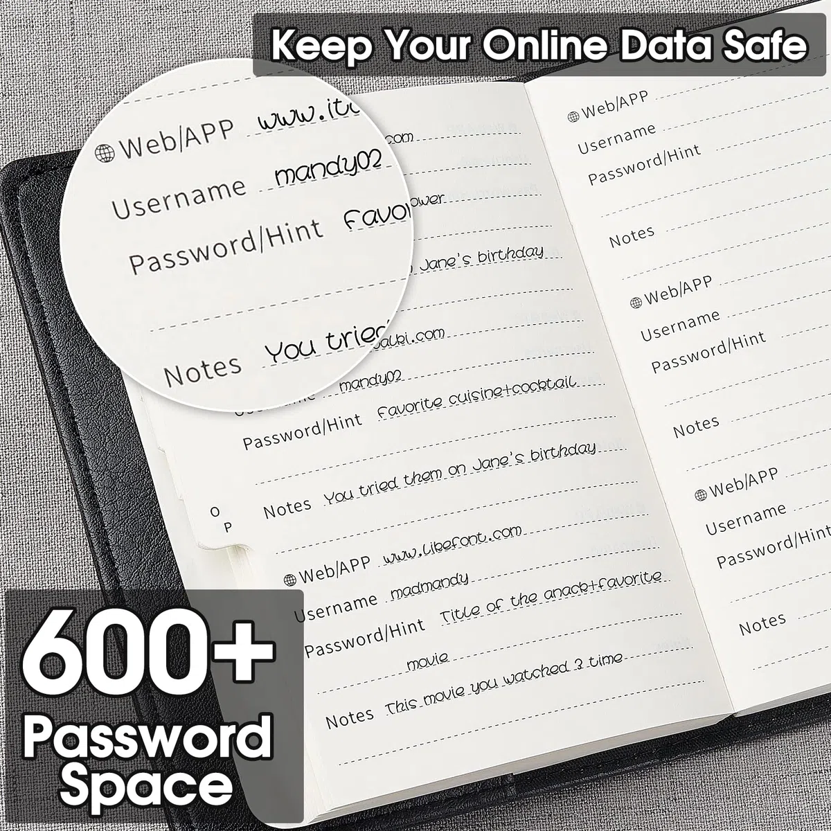 WEMATE Quaderno delle password con lucchetto, Quaderno delle password con registri alfabetici, 600+ posti per password, Diario con lucchetto, Nero