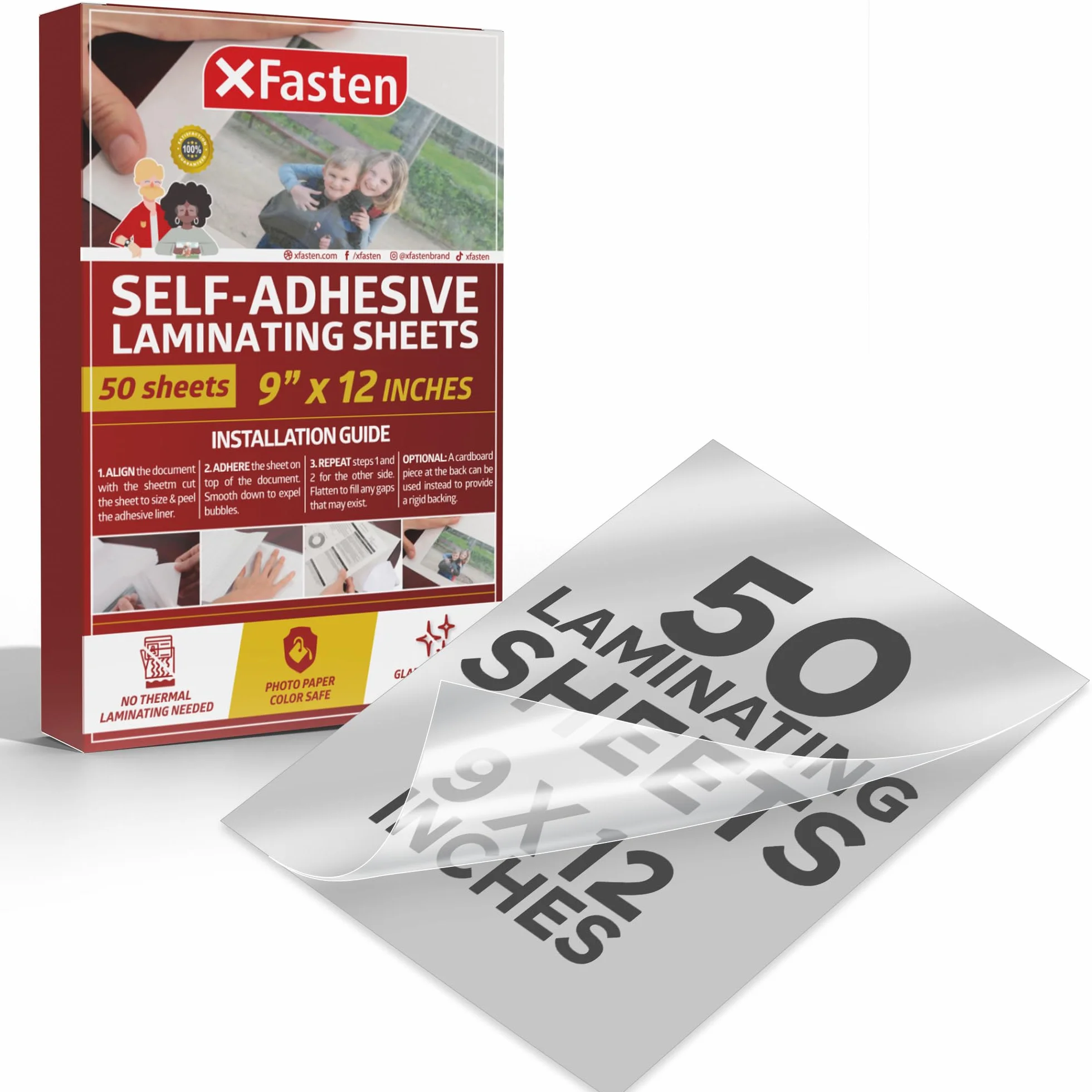 Fogli di laminazione autoadesivi XFasten, 9 x 12 pollici (confezione da 50), spessore 4,76