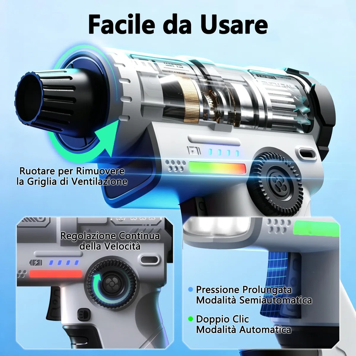 yAyusi Aspiratore Elettrico Ricaricabile,Aspiratore ad aria Compressa ad Alta Potenza da 130000 giri/minuto con Luce LED,Regolazione Continua della Velocità,Adatto per Computer,Esterni,Case e Auto