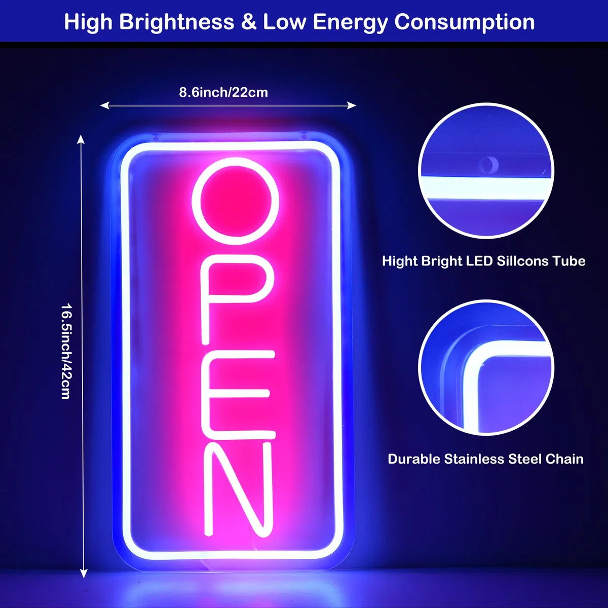 Insegne al neon a LED aperte per affari, 42 x 22 cm, con luce aperta, display elettrico, alimentato da USB, regolabile, luminoso, con segnale orario di apertura/chiusura per negozi, bar, caffè