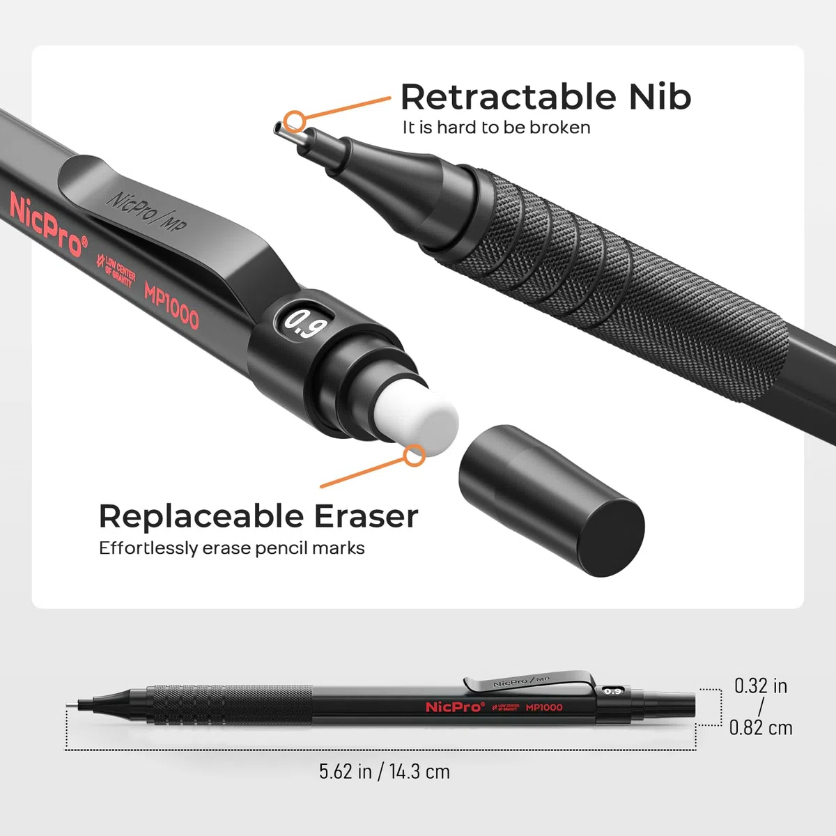 Nicpro Set di matite meccaniche in metallo da 0,9 con custodia, 3 matite da disegno nere MP1000 da 0,9 mm, 8 tubi di ricarica di mine HB, 3 gomme da cancellare, ricariche per gomme, per scrittura