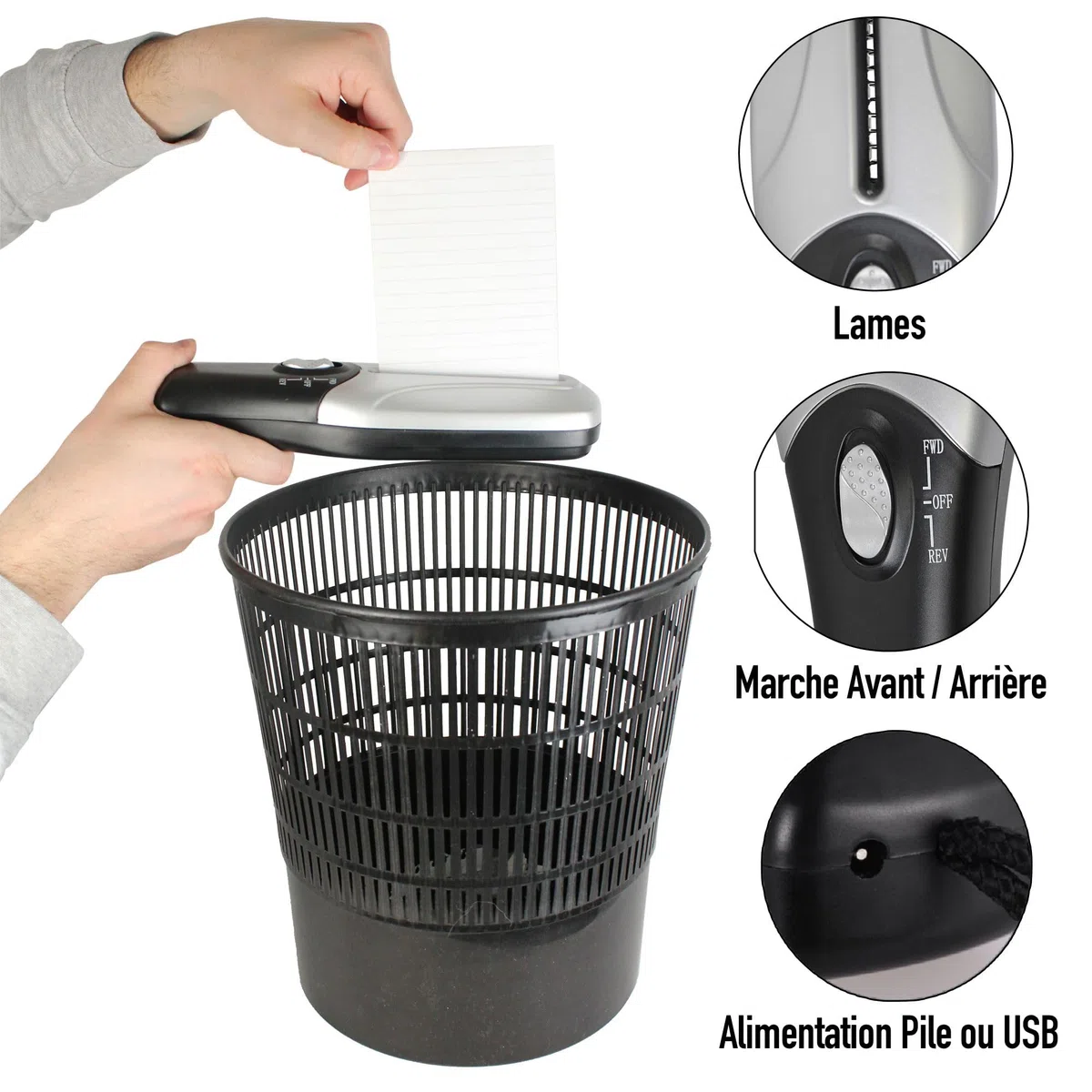 Distruttore di documenti cartacei elettrico - Portatile/Compatto - Sminuzzatrice Trituracarta - Taglio Rapido - Alimentazione: Pile/USB - 26 x 8 CM - Grigio & Nero