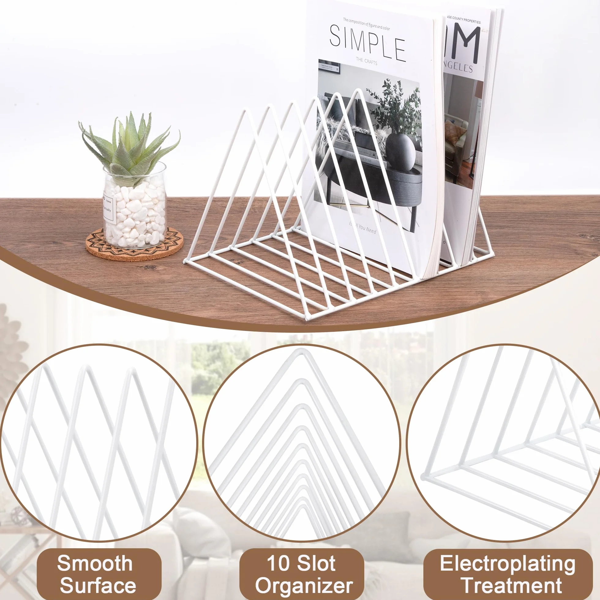 Portariviste Metallo, Porta Giornali, Scrivania Scaffale per Libri Triangolo File Organizer Supporto Rack Decor per Scaffali, Ufficio, Scuola, Biblioteca, Casa, Scuola (Bianco)