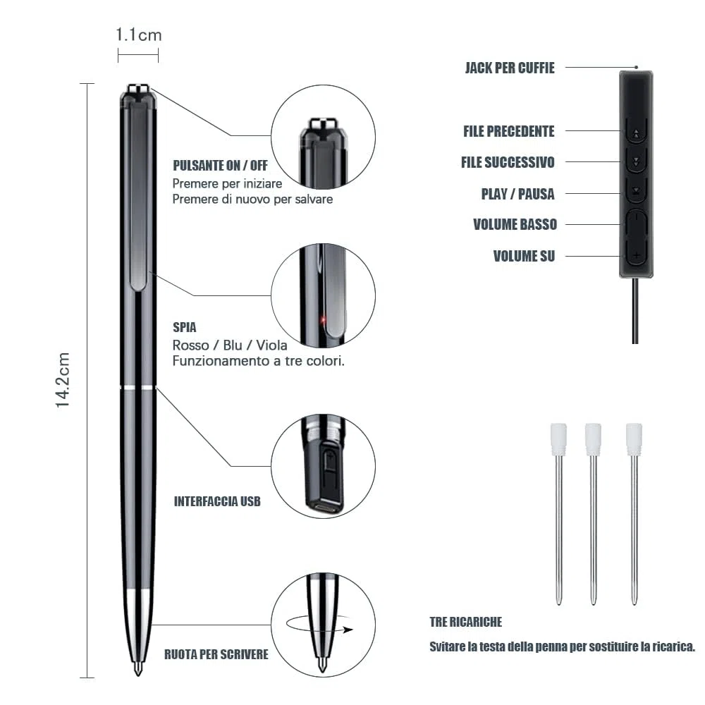 Penna Registratore Vocale 32GB HD - Mini Registratore Portatile Ricaricabile per Conferenze, Riunioni, Interviste & Concerti - Attivazione Vocale & Riproduzione MP3