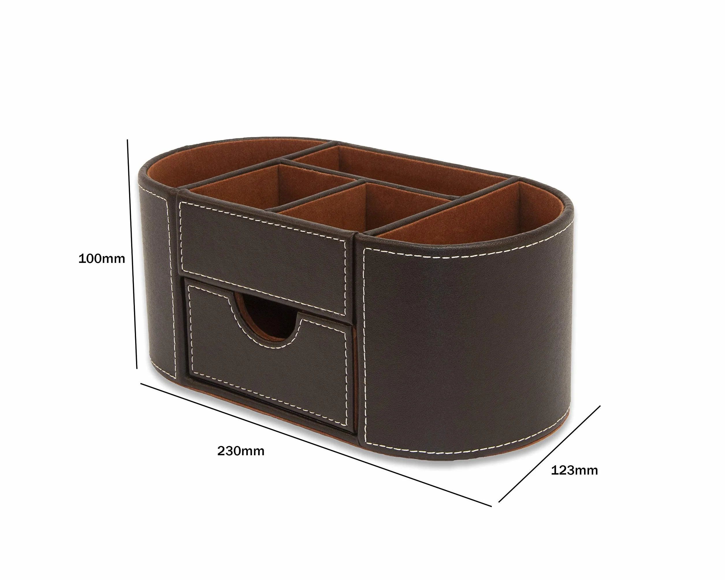 OSCO Organizer da scrivania in ecopelle marrone con cassetto, organizer da scrivania, portapenne, contenitore per trucchi, portapenne, 6 scomparti, contenitore per cancelleria, 10 x 23 x 12 cm