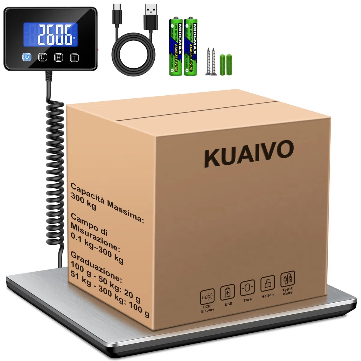 KUAIVO Bilancia Pesa Pacchi 300 kg / 20 g Alta Precisione, Bilancia Professionale con Funzione LCD/Hold/Tara, Bilancia Postale Piattaforma in Acciaio Inossidabile per Pacchi, Magazzino e valigia
