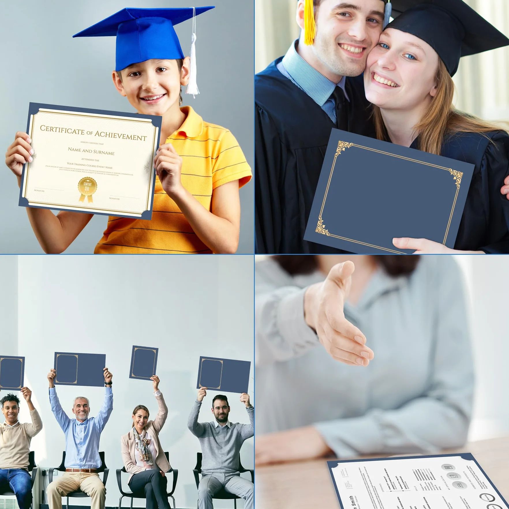 HAUTOCO Confezione da 50 porta certificati, blu navy, copertine per diploma, premio e certificati, con bordo in lamina d'oro, per lettere da 21,5 x 28,5 cm