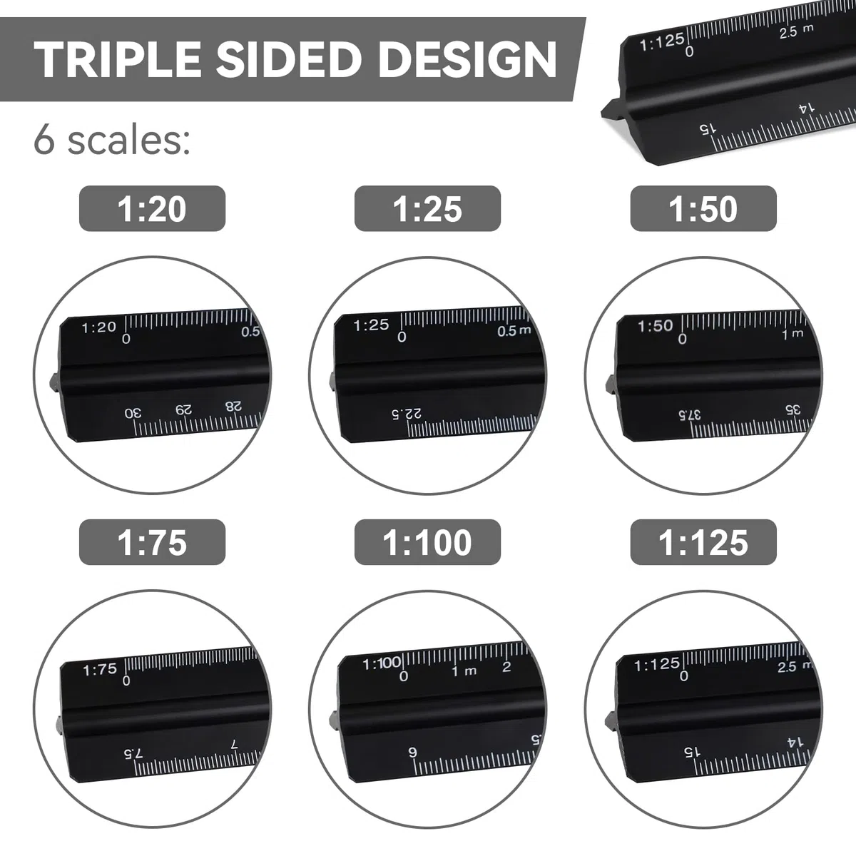 HXMJIED 2 righelli per scala architettonica, in alluminio nero, 30 cm, righello in metallo per architetti metrici 1:20, 1:25, 1:50, 1:75, 1:100, 1:125 e 1:100, 1:200, 1:250, 1:300, 1:400, 1:5000, 1