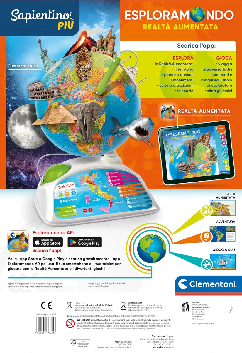 Clementoni - Sapientino Esploramondo Realtà Aumentata, Mappamondo Educativo per Bambini dai 7 Anni in su, Globo Educativo con Penna Interattiva e App Dedicata, Made in Italy, Lingua Italiana, 16032