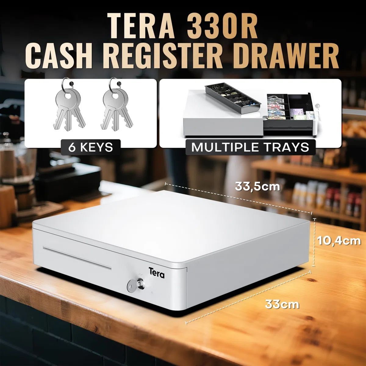 Tera Cassetto Cassa Registratore Monete: 33,5×33×10,4 cm 4 Scomparti Banconote 6 Monete 1 Scomparto Media con Inserto Rimovibile RJ12 Chiavi per POS Negozi Aziende Modello 330R Bianco