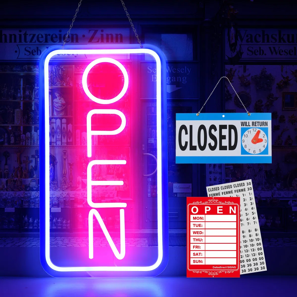 Insegne al neon a LED aperte per affari, 42 x 22 cm, con luce aperta, display elettrico, alimentato da USB, regolabile, luminoso, con segnale orario di apertura/chiusura per negozi, bar, caffè
