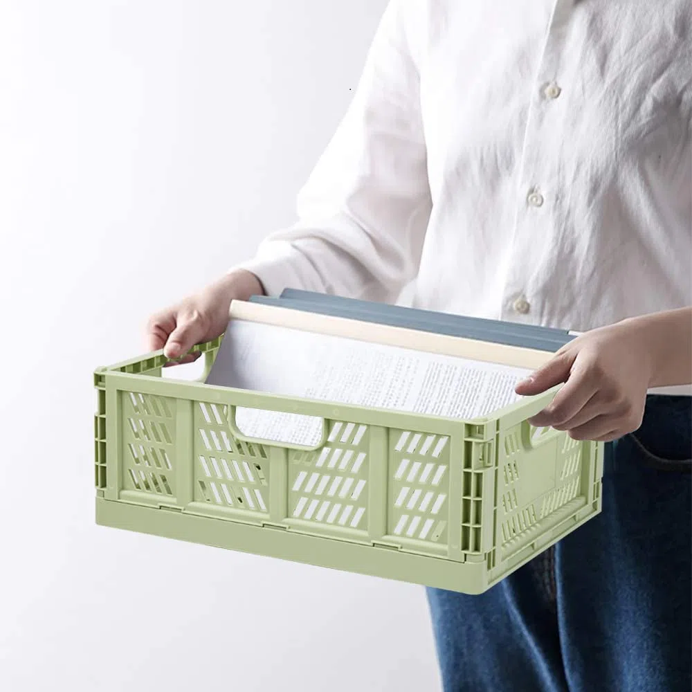 Cestini portaoggetti in plastica, confezione da 4, pieghevoli, cassetto, organizer impilabile, da scrivania, contenitore pieghevole, contenitore per alimenti, frutta, libri, giocattoli, casa,