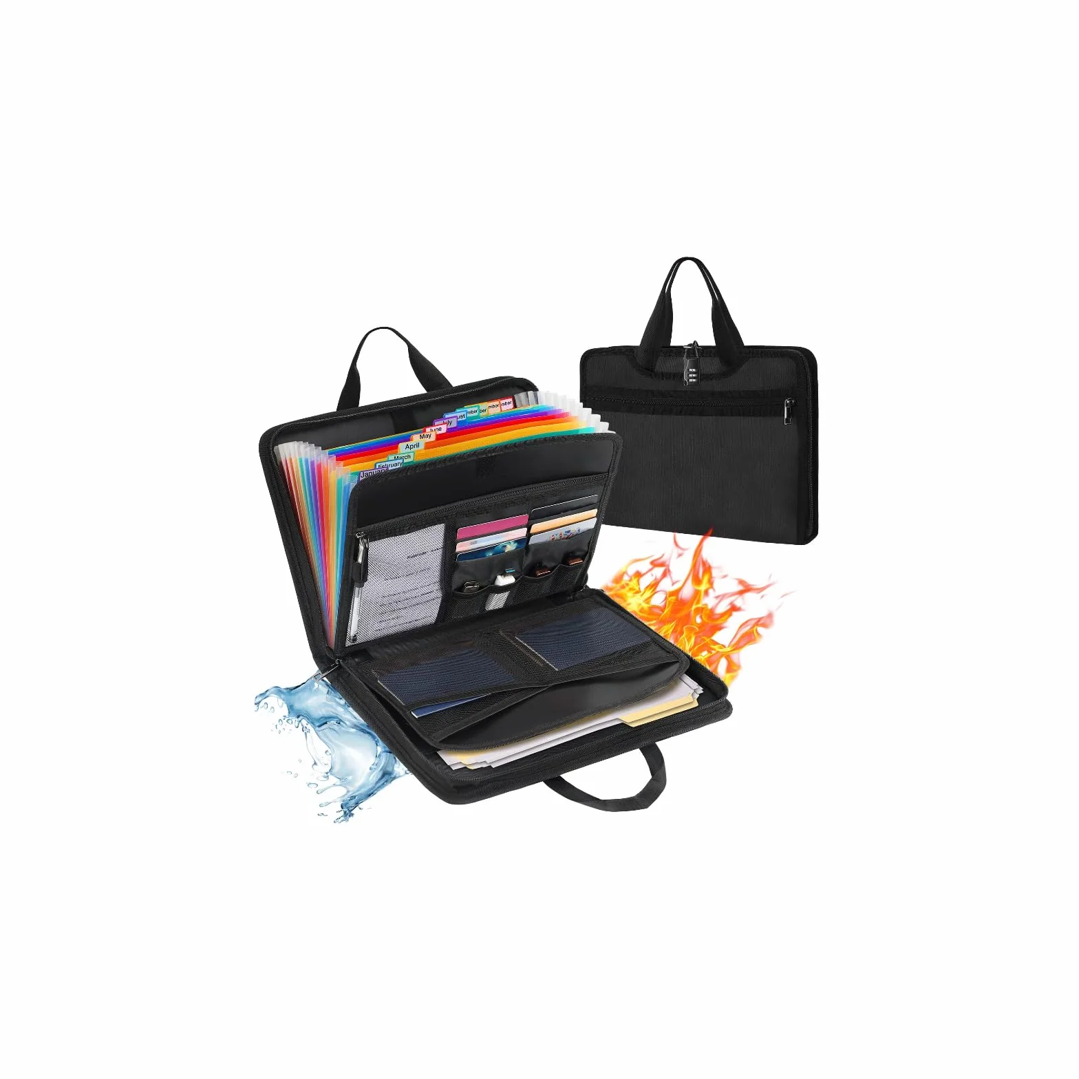 Cartella Portadocumenti A4,Cartella per Conferenze Ignifuga e Impermeabile,Cartella Espandibile con 13 Scomparti,Cerniera,e Etichette Colorate Con 1 Blocco Password per Ufficio, Casa, Scuola,(Nero)