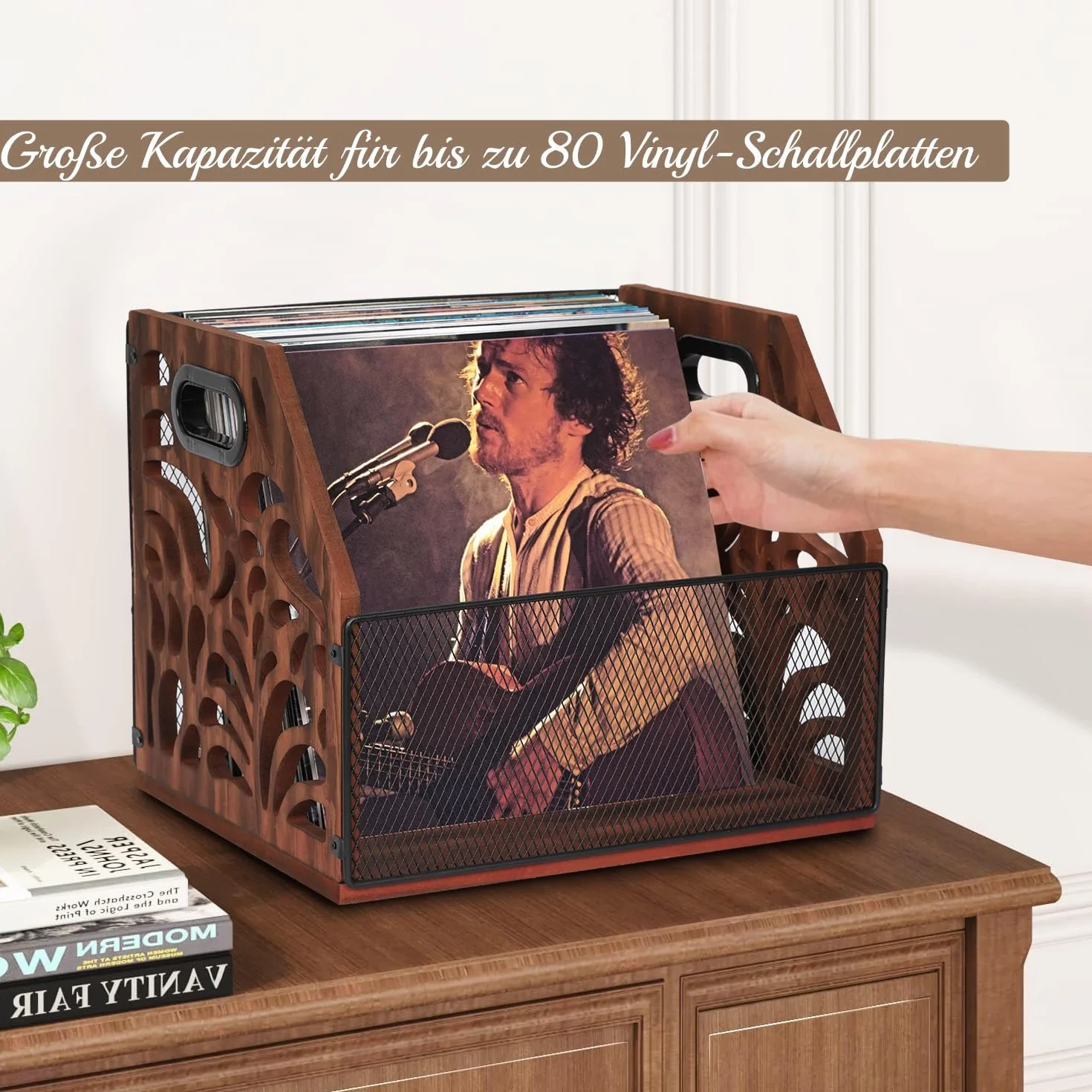 Supporto per dischi in vinile, vintage, in legno, per 70 LP, anche per album, riviste, libri, documenti, giornali
