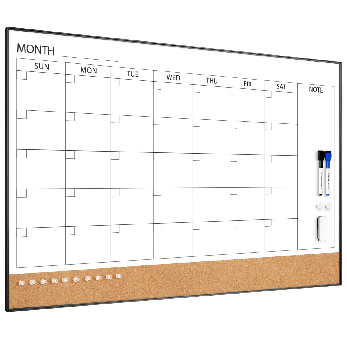 ARCOBIS Calendario cancellabile a secco con lavagna in sughero da parete, 91,4 x 61 cm, calendario magnetico con cornice nera, lavagna combinata mensile per scuola, casa, ufficio