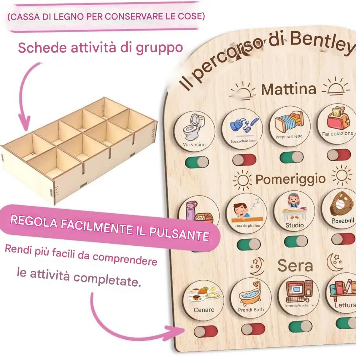 Generico Visual Schedule for Kids, Wooden Daily Schedule Board, Educational Toy Planner, Durable Wood Design, Morning Routine, School Supplies, Preschool, Childhood Learning, 35.6x30x3.8cm
