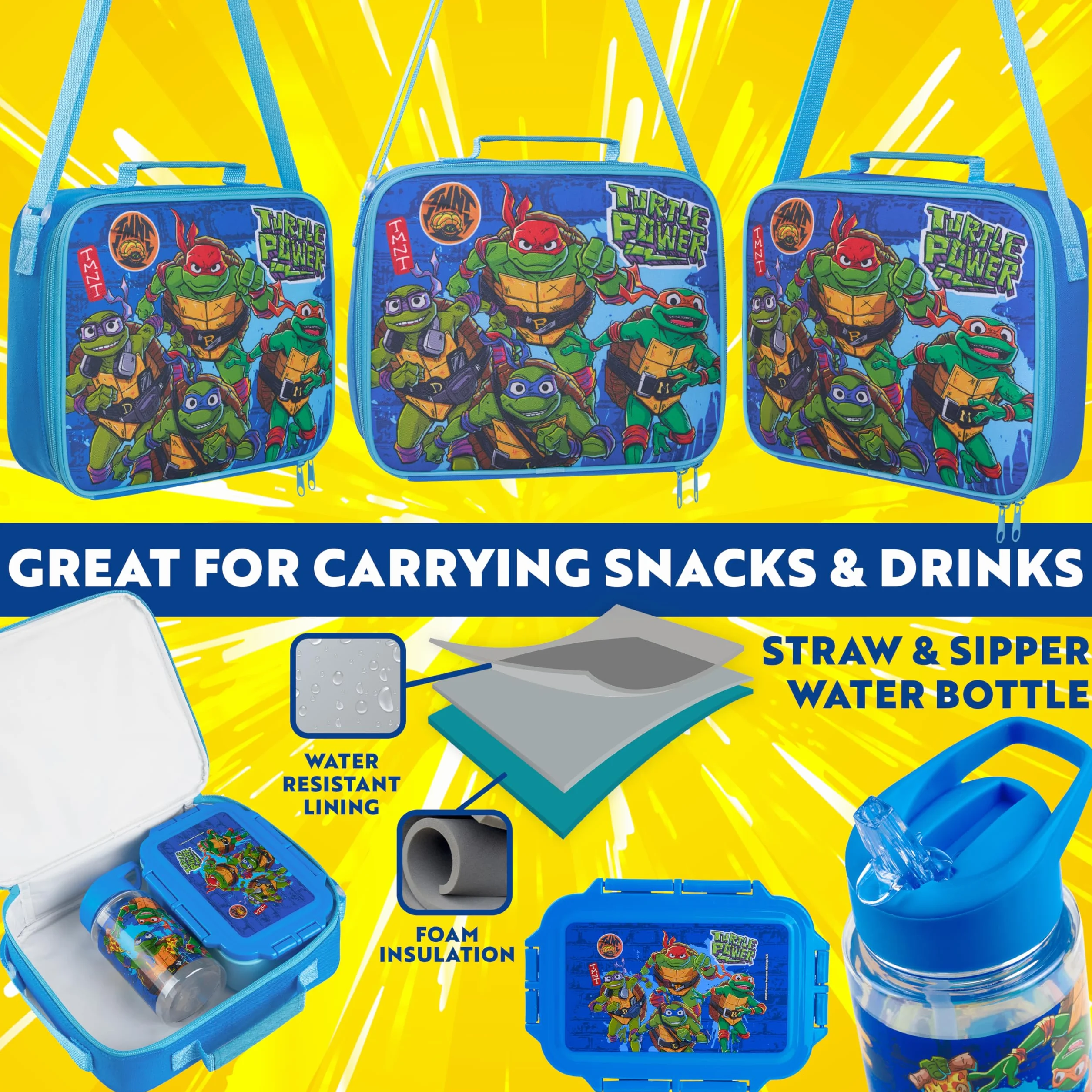 Get Trend Teenage Mutant Ninja Turtles Borsa Porta Pranzo con Porta Merenda Borraccia Bambini Senza BPA Set 3 Pz Materiale Scolastico per Viaggiare Picnic (Blu TMNT)