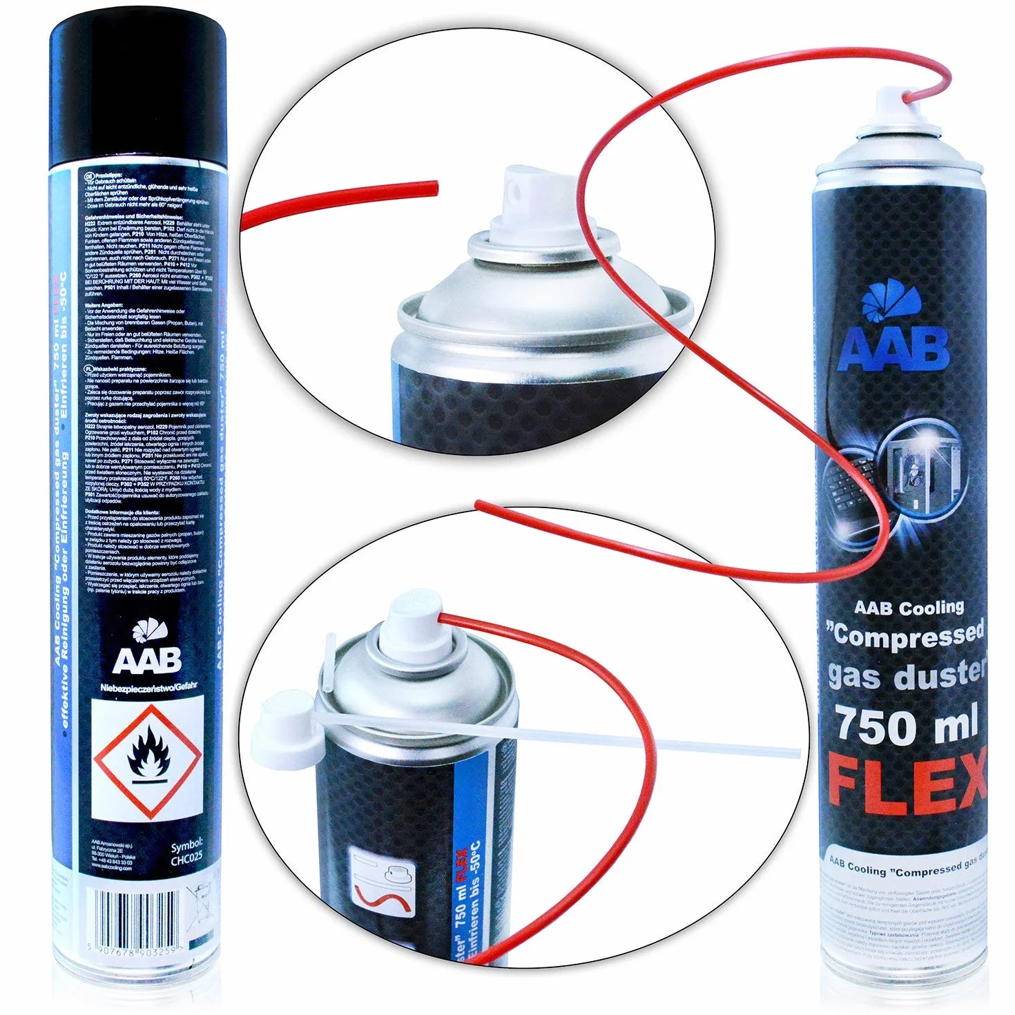 AABCOOLING Compressed Gas Duster FLEX 750ml - Set di 3 Pezzi - Aria Compressa PC Con un Tubo Flessibile, Pulitore PC, Tubo Aria Compressa, Kit Pulizia PC, Bombolette Spray