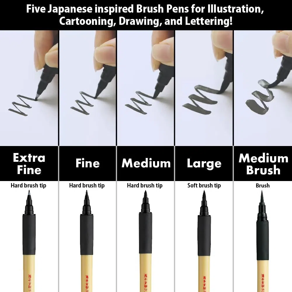 Kuretake Bimoji Brush Pen, Extra Fine, Midium, Broad, Midium/Bristles, Value Set of 5, XT/5VAZJ