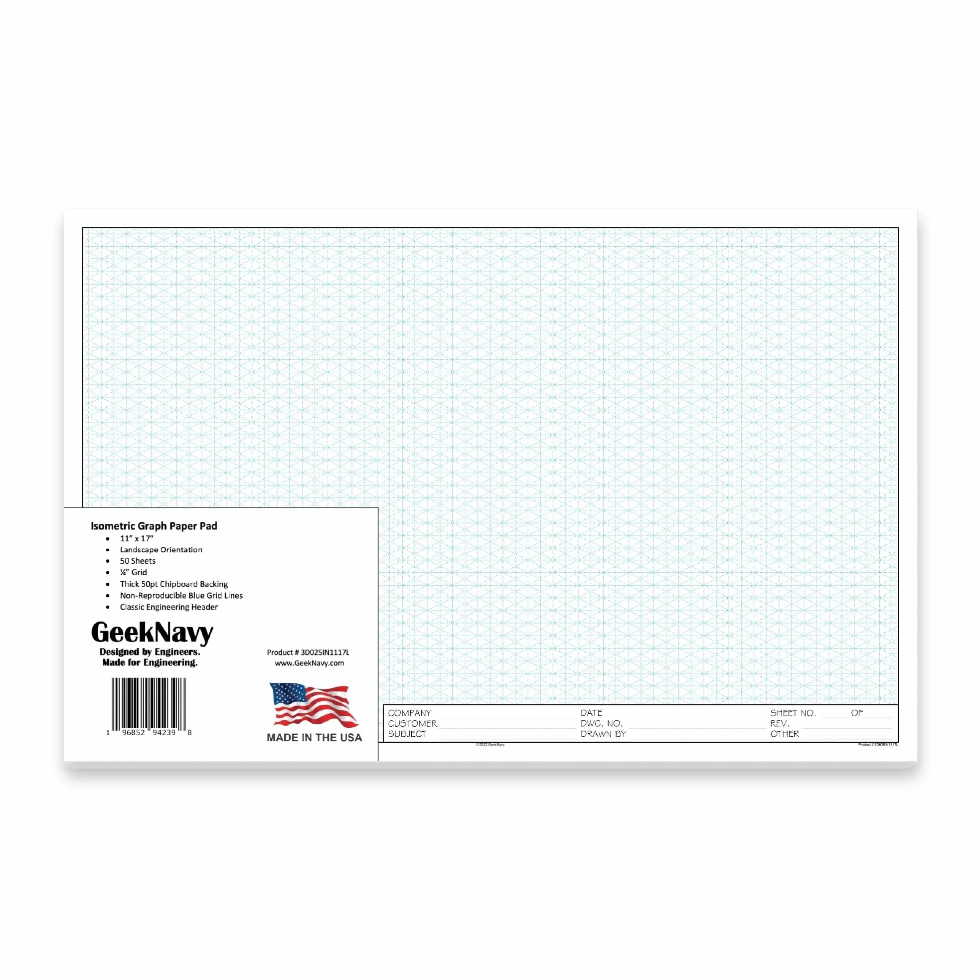 GeekNavy Carta a quadretti isometrici, 28 x 43 cm, 50 fogli orizzontali, griglia da 0,6 cm, blu senza foto, alta luminosità, disegno, ingegneria, arte, design 3D (confezione da 1)