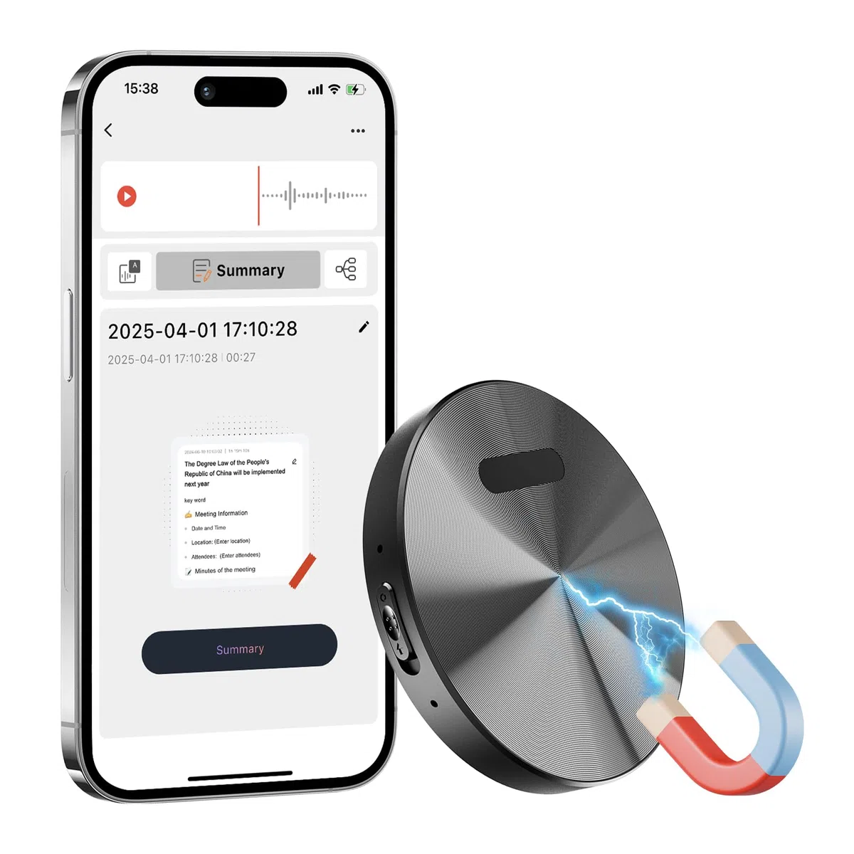 Registratore Vocale AI - Mini Registratori Vocali Digitali Professionale Magnetico con Trascrizione e Traduzione in Tempo Reale, App Controllata, Riduzione Rumore Compatibile con Android/iOS
