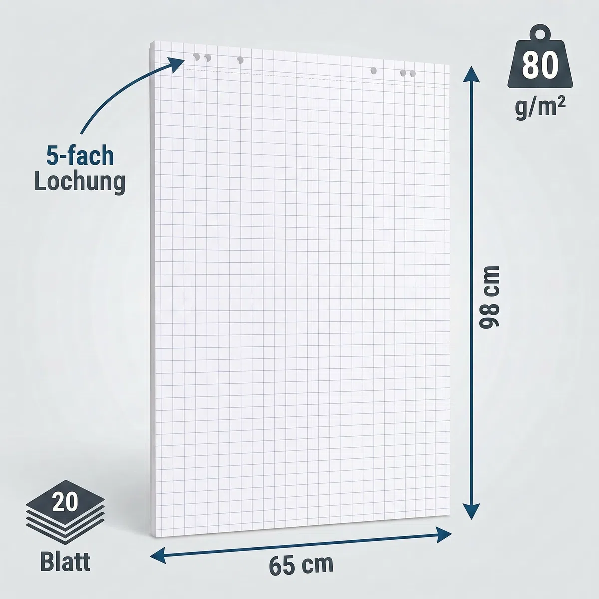 Conipa Blocco di carta per lavagna, 65 x 98 cm, 2 blocchi da 20 fogli, 80 g/m², fogli universali per riunioni, presentazioni e lavagne bianche