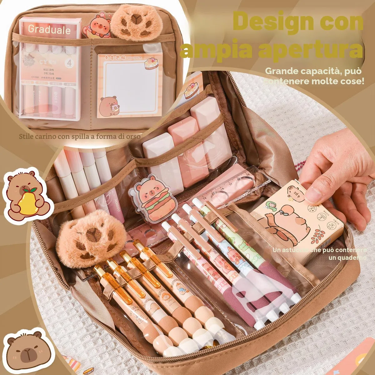 Capybara - Kit Scuola Capibara – Set Regalo Carino per Bambini & Studenti, Include Penne, Clip, Righelli – Organizzato per Scuola, Ufficio, Arte